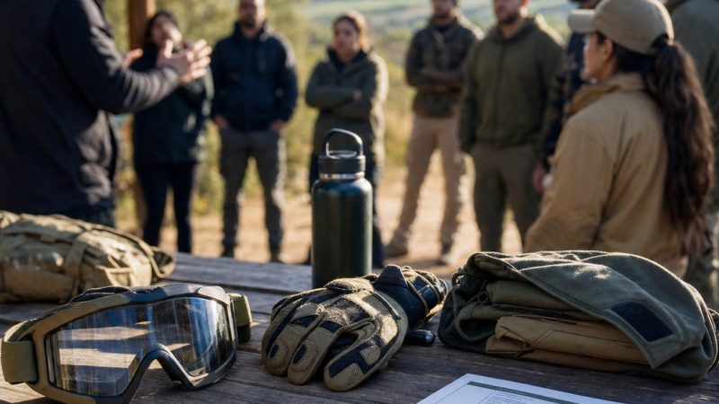 Mesa de preparación con protección revisada antes de una jornada de airsoft