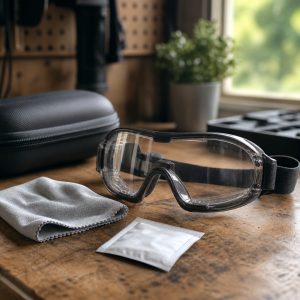 Gafas de protección de airsoft limpias sobre una mesa antes de salir