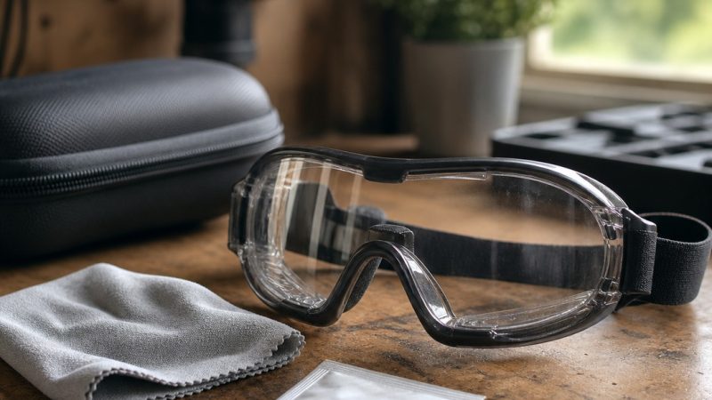 Gafas de protección de airsoft limpias sobre una mesa antes de salir