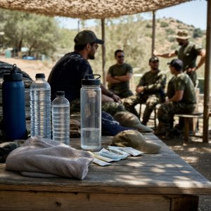 Botella de agua y material ordenado antes de una jornada de airsoft