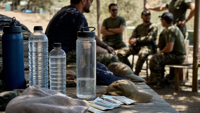 Botella de agua y material ordenado antes de una jornada de airsoft