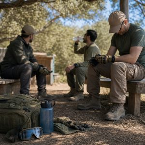 Grupo de airsoft descansando junto a botellas de agua en una zona segura