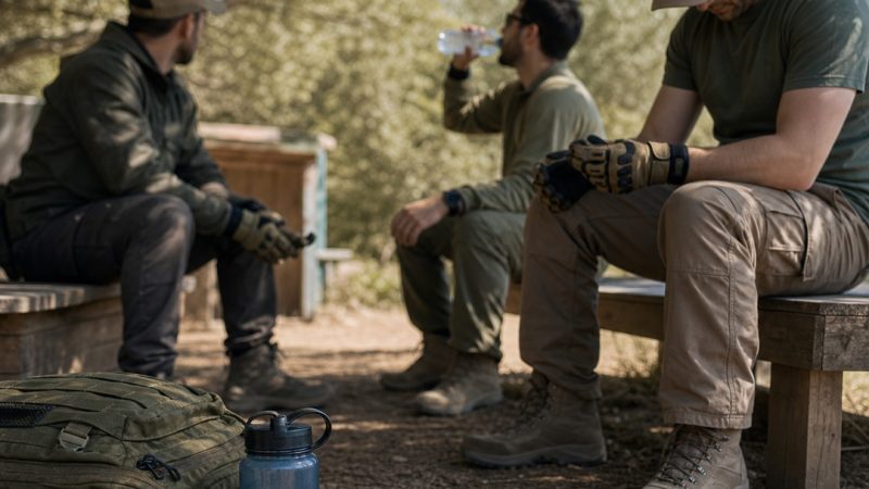 Grupo de airsoft descansando junto a botellas de agua en una zona segura