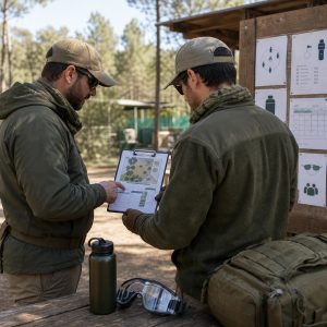 Dos jugadores de airsoft revisando indicaciones en una zona de briefing