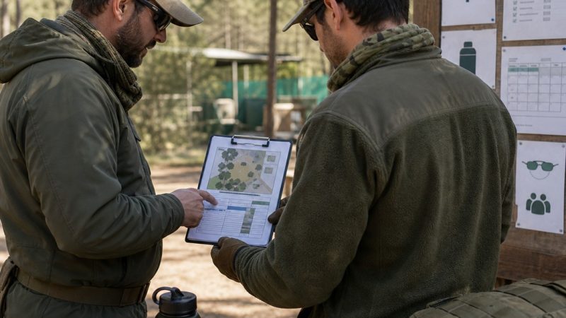 Dos jugadores de airsoft revisando indicaciones en una zona de briefing