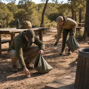 Bolsa de residuos y zona de descanso ordenada tras una jornada de airsoft