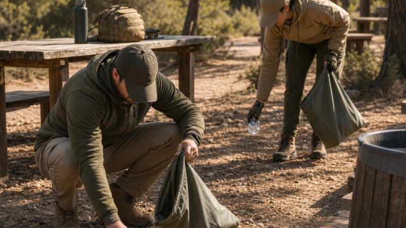 Bolsa de residuos y zona de descanso ordenada tras una jornada de airsoft