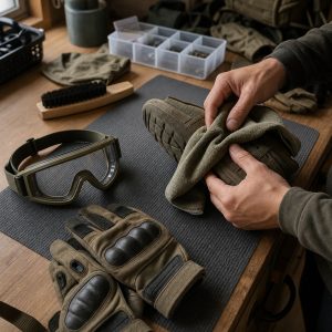 Mesa de mantenimiento con paño y material de airsoft ordenado tras jugar