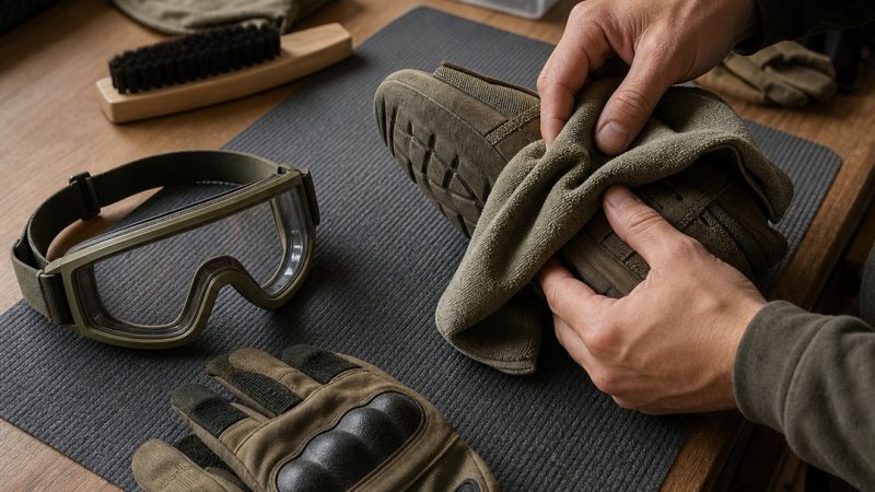 Mesa de mantenimiento con paño y material de airsoft ordenado tras jugar