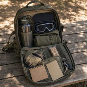 Mochila de airsoft abierta con agua, protección y accesorios ordenados