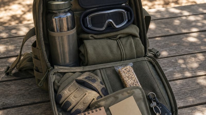 Mochila de airsoft abierta con agua, protección y accesorios ordenados