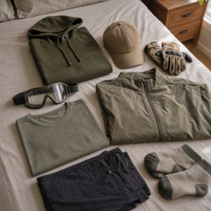 Ropa cómoda de airsoft organizada por capas antes de una salida