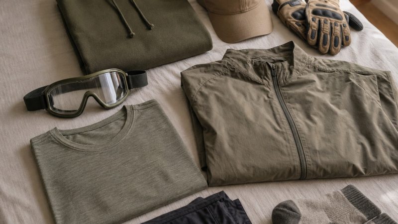Ropa cómoda de airsoft organizada por capas antes de una salida