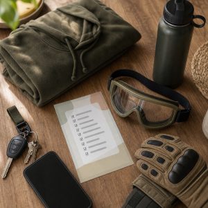 Checklist de partida de airsoft en un móvil junto a material preparado