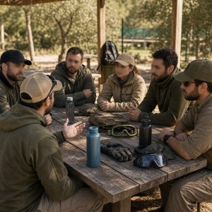 Grupo de airsoft conversando con calma durante una pausa deportiva