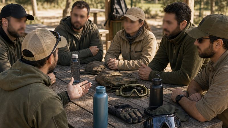 Grupo de airsoft conversando con calma durante una pausa deportiva