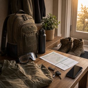 Mochila cerrada y ropa preparada la noche anterior a una partida de airsoft
