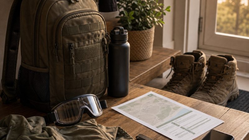 Mochila cerrada y ropa preparada la noche anterior a una partida de airsoft