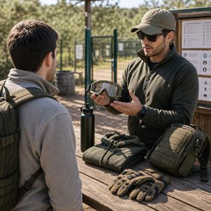 Persona revisando una guía básica antes de su primera experiencia de airsoft