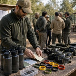 Persona coordinando horarios y agua en una mesa de apoyo de airsoft