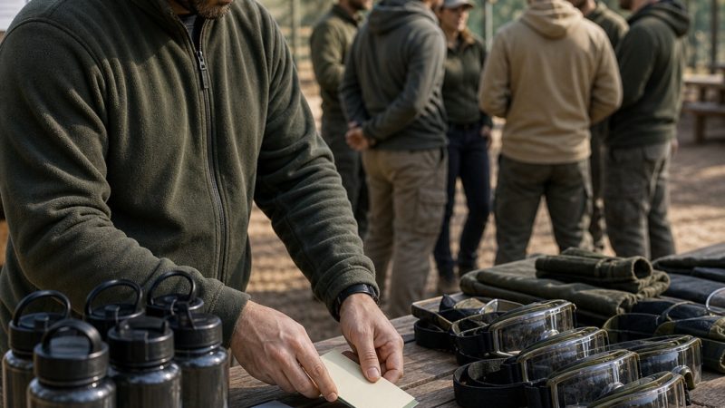 Persona coordinando horarios y agua en una mesa de apoyo de airsoft