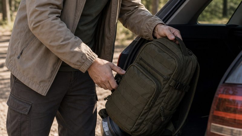 Chaqueta discreta preparada junto a una mochila cerrada para ir al campo