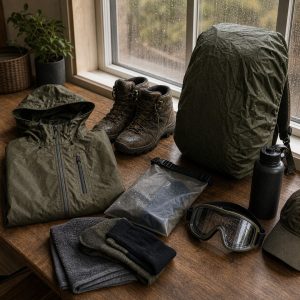Mochila de airsoft protegida junto a ropa preparada para lluvia