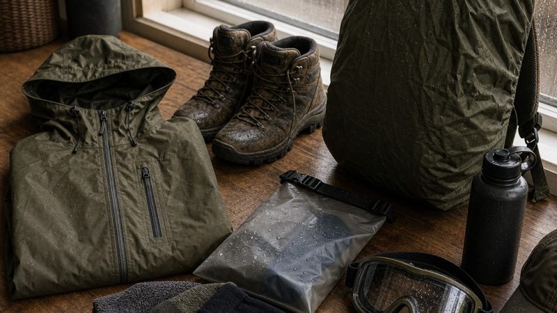 Mochila de airsoft protegida junto a ropa preparada para lluvia