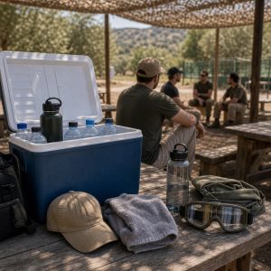 Botellas de agua y sombra preparada para una jornada de airsoft con calor