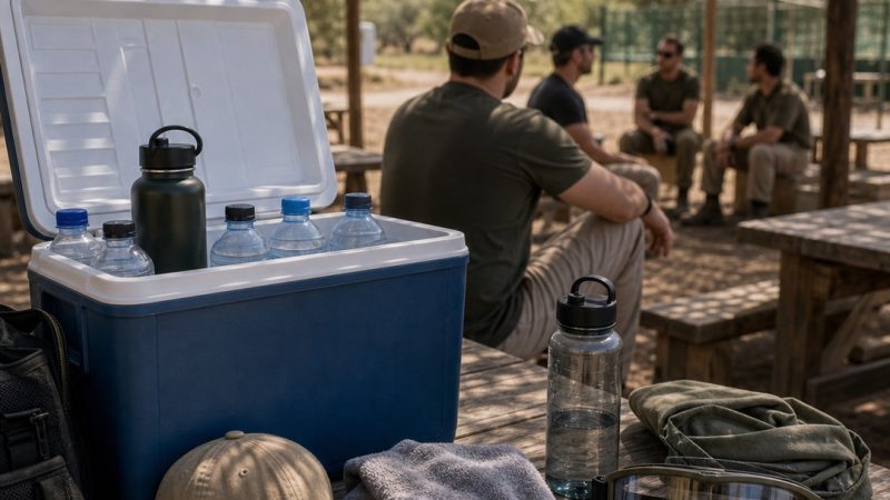Botellas de agua y sombra preparada para una jornada de airsoft con calor