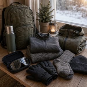 Ropa por capas y guantes preparados para una jornada de airsoft en invierno