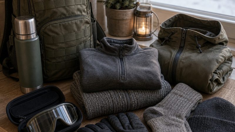 Ropa por capas y guantes preparados para una jornada de airsoft en invierno