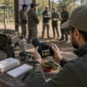 Cámara revisando una foto de grupo tranquila en una jornada de airsoft