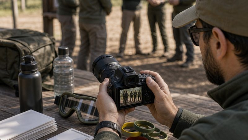 Cámara revisando una foto de grupo tranquila en una jornada de airsoft