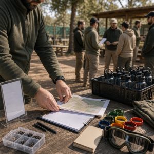 Mesa de registro con horarios y mapa para un evento de airsoft