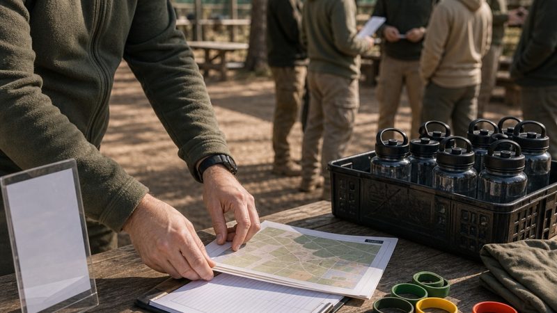 Mesa de registro con horarios y mapa para un evento de airsoft
