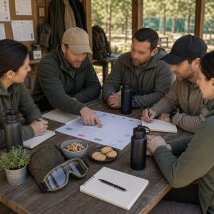 Grupo de airsoft revisando calendario y normas de club en una mesa