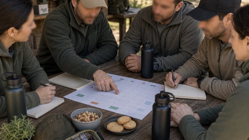 Grupo de airsoft revisando calendario y normas de club en una mesa