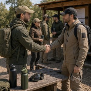 Grupo de airsoft saludándose antes de una jornada en actitud tranquila