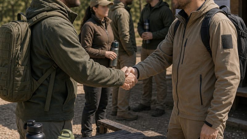 Grupo de airsoft saludándose antes de una jornada en actitud tranquila
