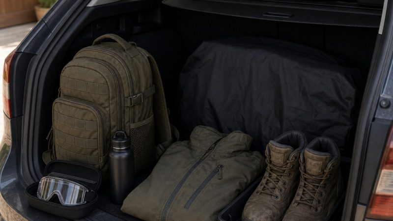 Mochila cerrada y material guardado de forma discreta antes del trayecto
