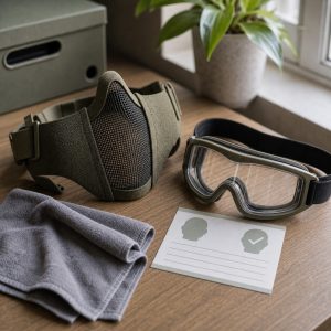 Protección facial de airsoft junto a gafas para comprobar compatibilidad