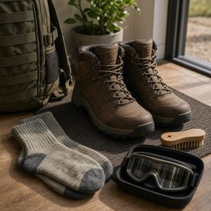 Botas de airsoft revisadas sobre una alfombrilla antes de una jornada