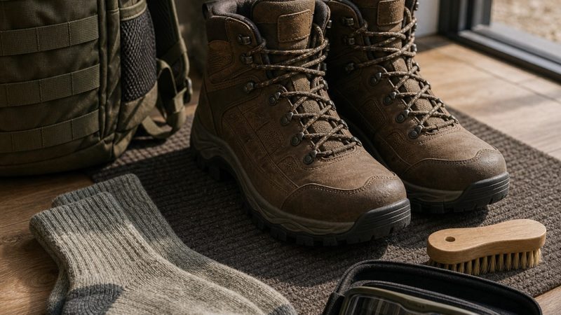 Botas de airsoft revisadas sobre una alfombrilla antes de una jornada