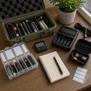 Baterías de airsoft separadas y etiquetadas en una mesa de revisión