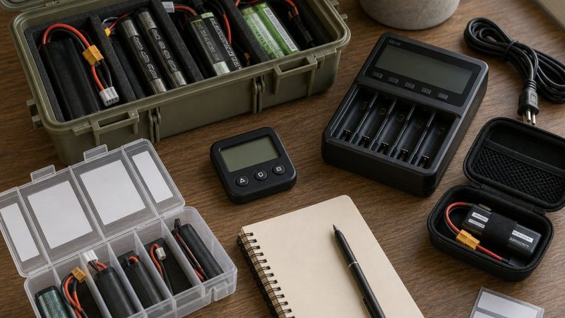 Baterías de airsoft separadas y etiquetadas en una mesa de revisión