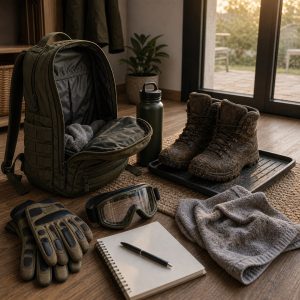 Mochila abierta y material de airsoft ventilándose al llegar a casa