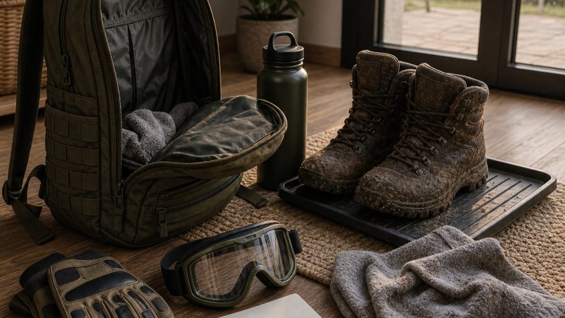 Mochila abierta y material de airsoft ventilándose al llegar a casa