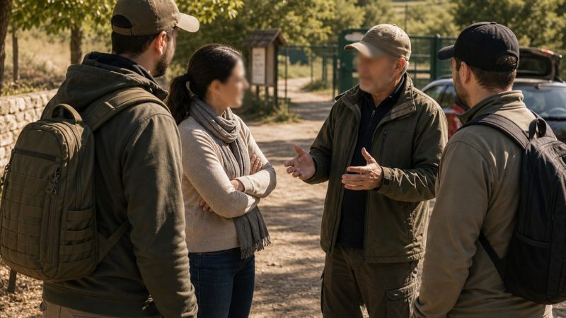Jugadores de airsoft conversando junto a un acceso de campo de forma ordenada