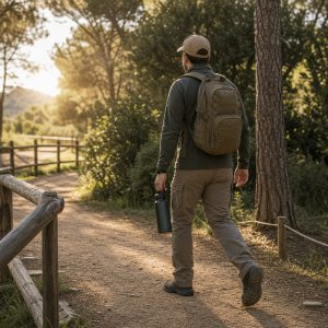 Persona caminando con mochila ligera como preparación física para airsoft